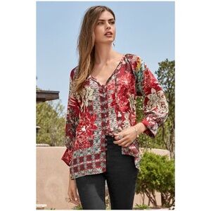 Johnny Was RARE Silk IKAT Aztec Peasant Blouse Size X-Large (16)